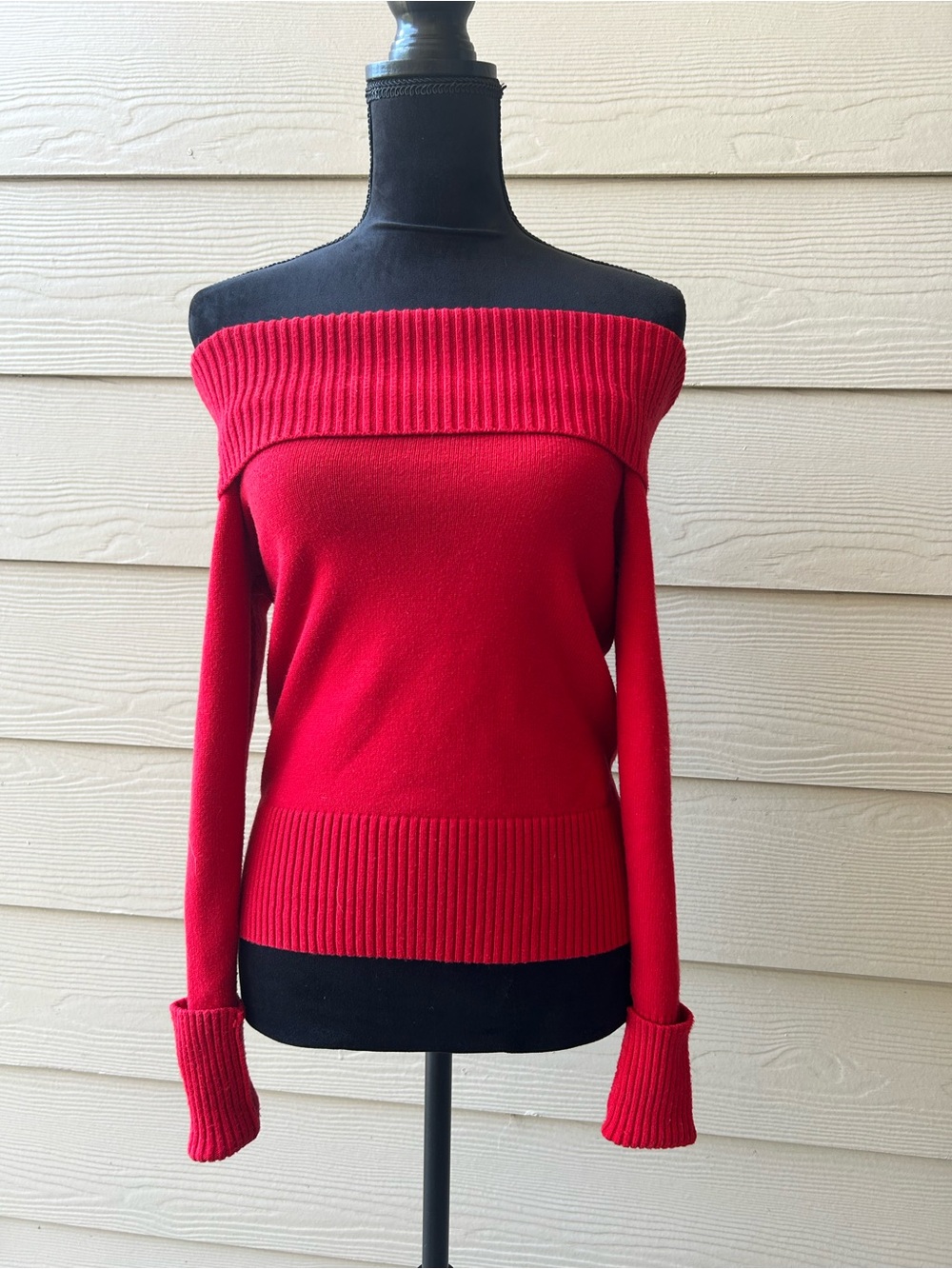 Red off the shoulder knit sweater